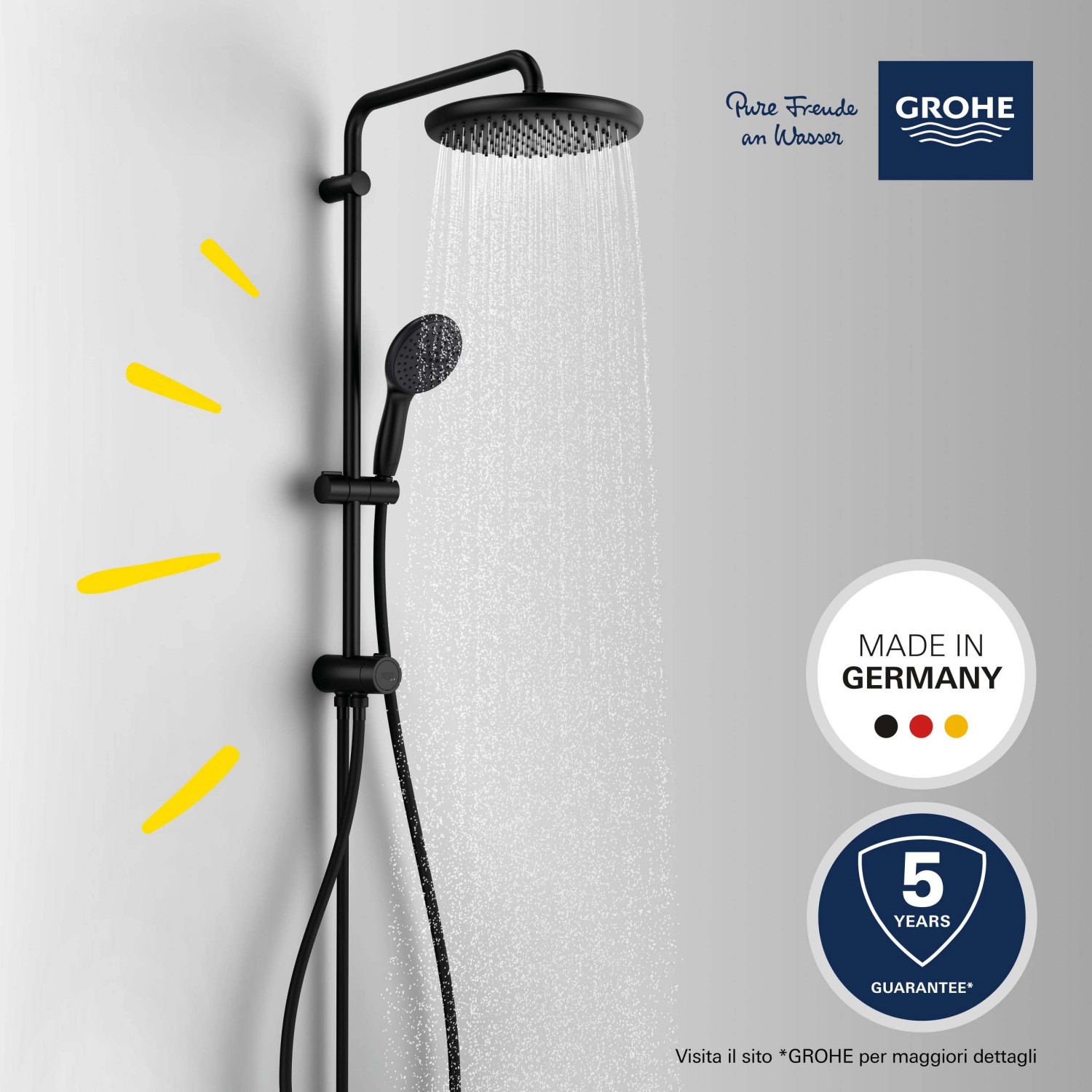 Sistema doccia Grohe Vitalio Start 250 Flex nero con soffione e doccetta per montaggio a parete.
