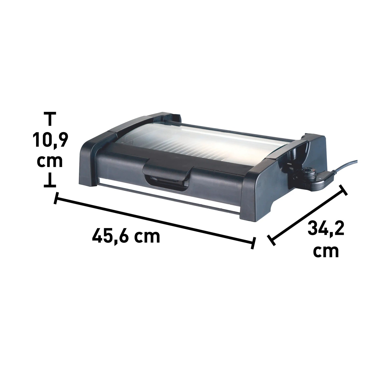 Griglia elettrica da tavolo Ottawa con cappa in vetro e dimensioni 45,6 x 34,2 x 10,9 cm.