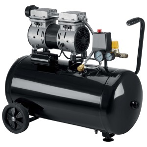 Compressore nero t.b.t. con due cilindri e ruote.