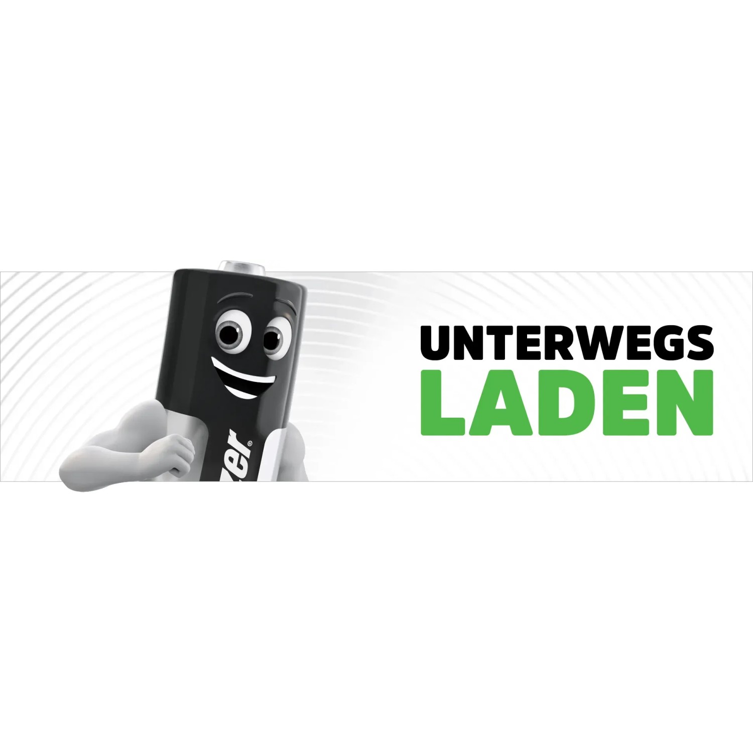 Mini caricabatterie Energizer con figura a batteria e la scritta "Ricarica in movimento".