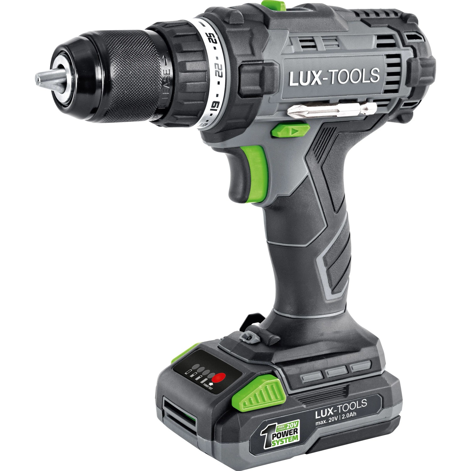 Trapano avvitatore a batteria LUX del set di macchine 3in1, grigio/verde, con batteria. Ideale per avvitare e forare.