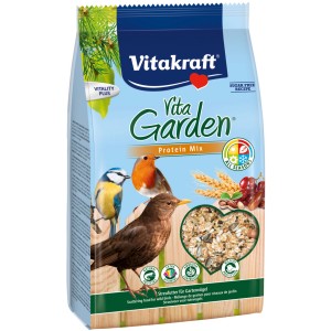 Confezione da 1 kg di mangime per uccelli selvatici Vita Garden Protein Mix con illustrazione di uccelli da giardino.