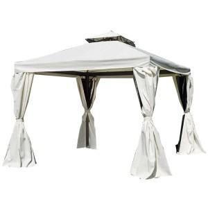 Gazebo beige con tende per giardino e patio.