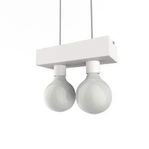 Lampada a sospensione bianca t.b.t. con due lampadine rotonde per interni.