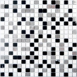 Piastrella a mosaico t.b.t. con piccole pietre quadrate in nero, grigio e bianco.