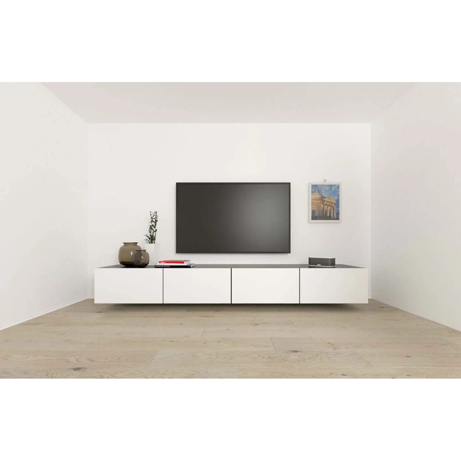 Soggiorno moderno con TV e mobile basso Tasselli bianco. Design minimalista.