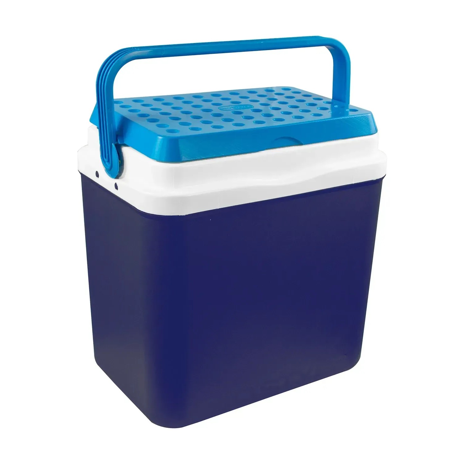 Frigorifero portatile blu per campeggio con maniglia.