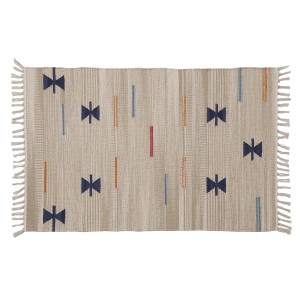 Tappeto t.b.t. beige con frange e accenti blu-rossi.