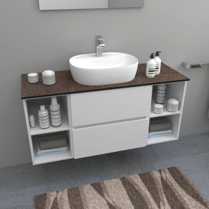 Bagno moderno con mobile lavabo t.b.t., lavabo d'appoggio e ripiani.