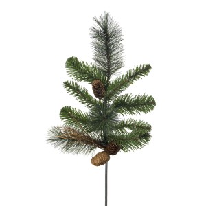 Decorazione ramo di abete verde decorativo con due pigne per accenti natalizi.