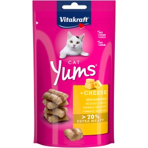 Vitakraft Cat Yums Formaggio, snack per gatti con ripieno di formaggio in sacchetto rosa.
