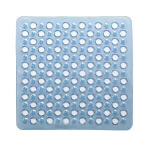 Tappetino doccia blu con ventose per una presa sicura nella doccia.