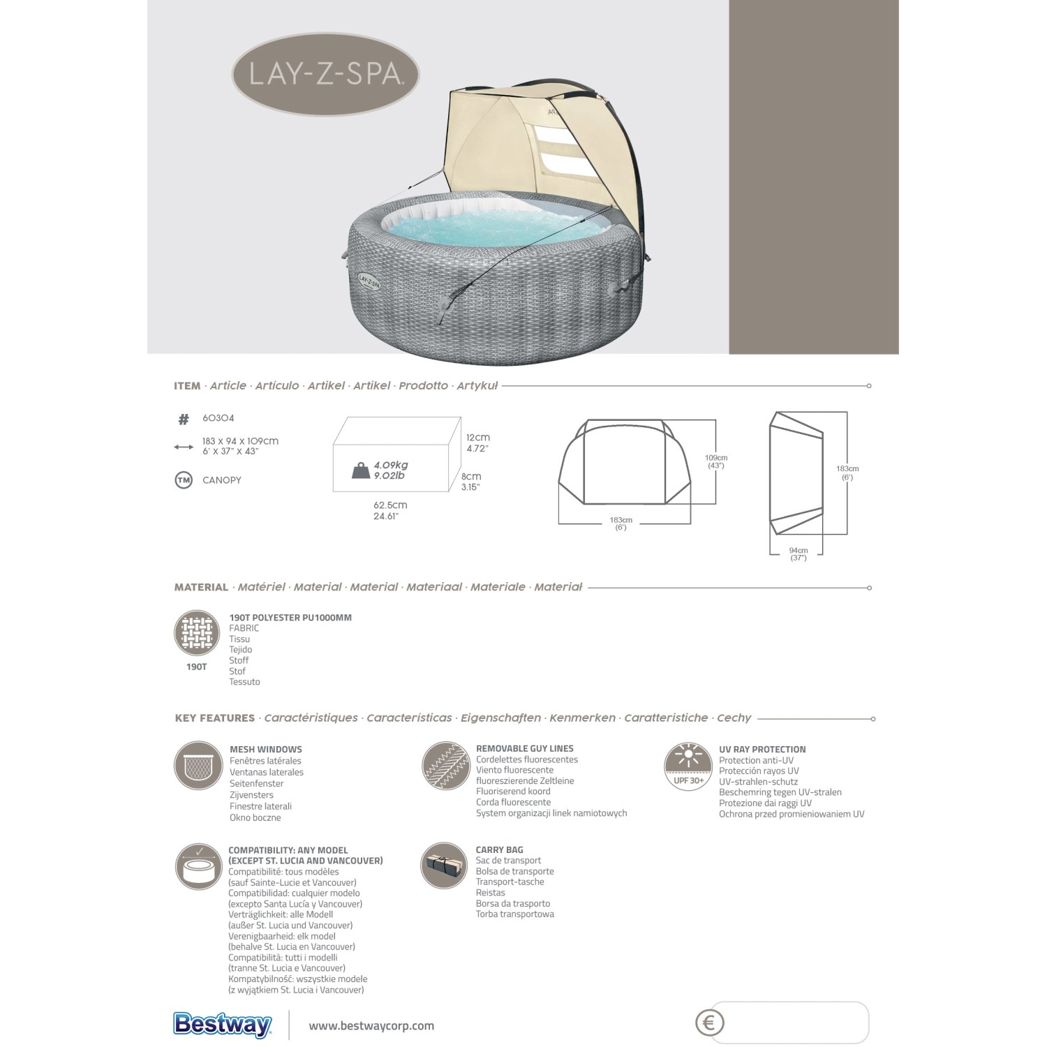 Tettuccio parasole Bestway LAY-Z-SPA per vasche idromassaggio, protegge da sole e insetti.