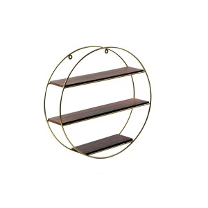 Mensola a muro rotonda con tre ripiani in legno marrone e struttura in metallo dorato.