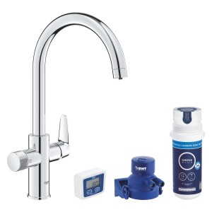 Set miscelatore cucina Grohe Blue Pure Start Curve con filtro a carboni attivi argento.