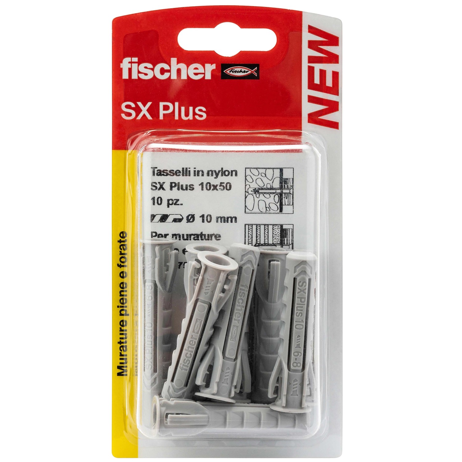 Tasselli Fischer SX Plus, confezione da 10, adatti per muratura piena e forata.