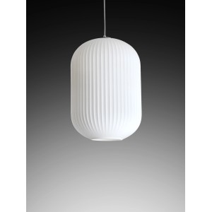 Lampada a sospensione bianca t.b.t. con superficie a coste per un'illuminazione elegante.