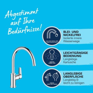 Miscelatore lavello Grohe QuickFix Start Edge con bocca alta e finitura cromata.