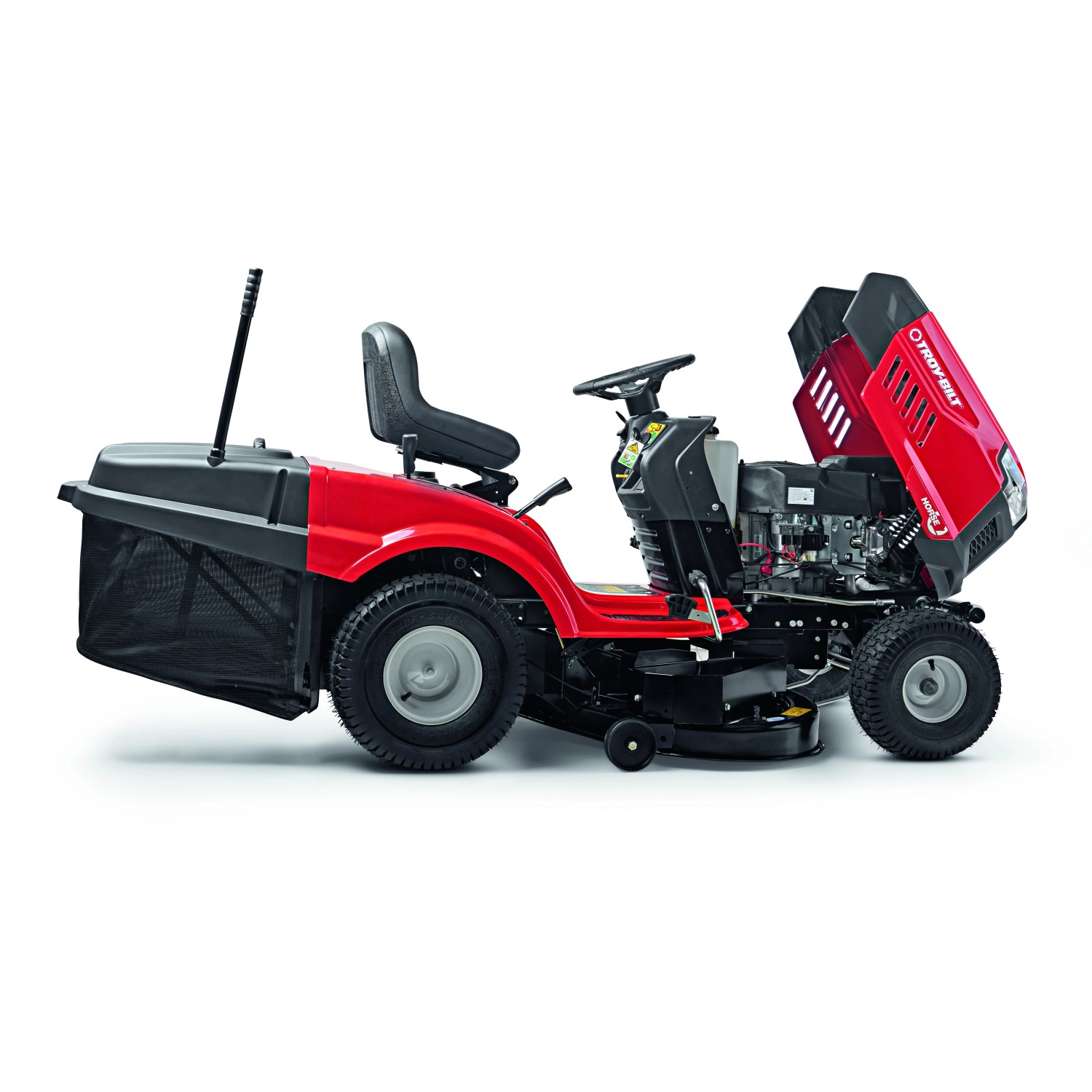 Trattorino tagliaerba rosso Troy-Bilt Horse 105T-R con scarico posteriore e cofano motore aperto.
