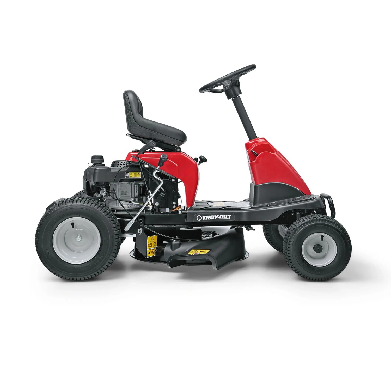 Troy-Bilt Mini-Rider 60T-S tosaerba trattorino con scarico laterale, trattore da giardino rosso.