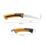 Seghetto a mano Fiskars Xtract SW73 con dentatura grossa, aperto e chiuso con dimensioni.