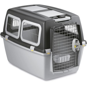 Trasportino per cani grigio e nero con porta a griglia per il trasporto sicuro del tuo cane.