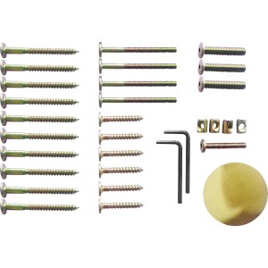 Kit di montaggio per tavolo da giardino Chelsea: viti, dadi, chiavi a brugola e copertura.
