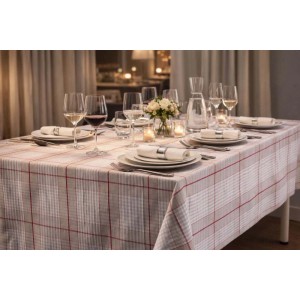 Tovagliato al metro tinto in filo poliestere/cotone 140x20 m tartan beige rosso