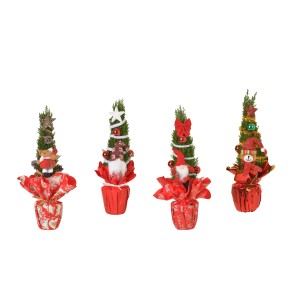 Quattro mini alberi di abete Pino decorativi con varie figure natalizie e confezione rossa.