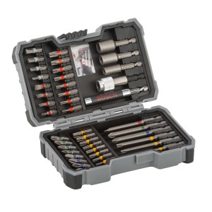 Set di inserti Bosch Promoline, 43 pezzi, con inserti colorati e portainserti magnetico a cambio rapido in valigetta.