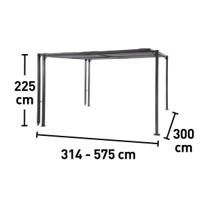 Gazebo t.b.t. grigio con dimensioni: altezza 225 cm, larghezza 300 cm, lunghezza 314-575 cm.