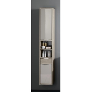 Mobile bagno a colonna, legno chiaro con dettagli grigi, con ripiani, cassetto e ante.
