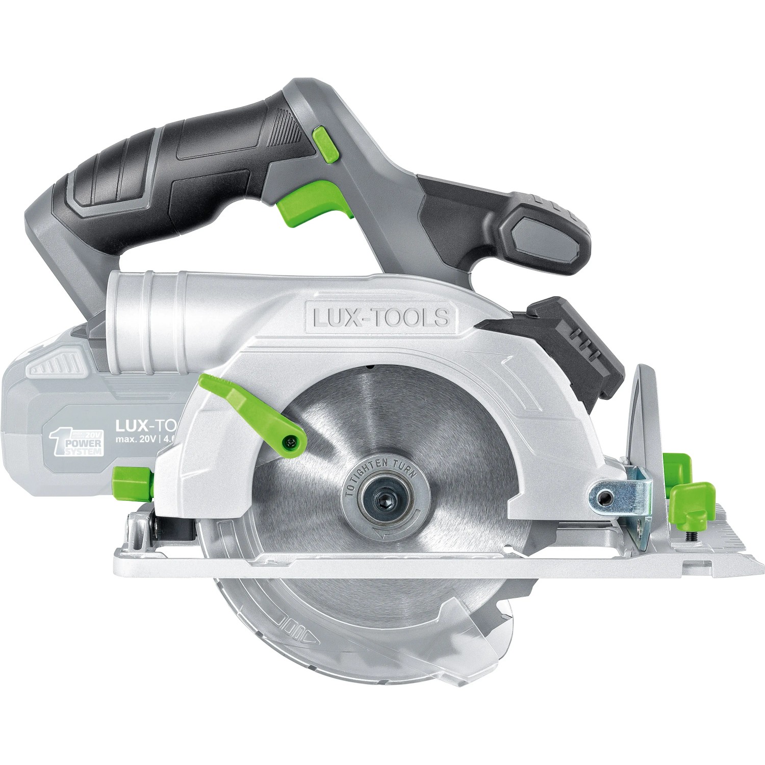 Sega circolare a mano LUX-TOOLS A-KS-20/150 (senza batteria) grigia/verde. Sega a batteria per tagli precisi.