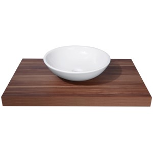 Lavabo d'appoggio rotondo bianco in ceramica (Ø 42 cm) su pannello di legno.