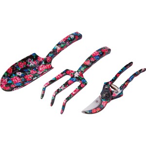 Set di attrezzi da giardino a 3 pezzi con motivo floreale: paletta, rastrello e cesoie.