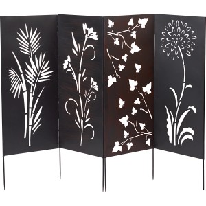 Paravento nero con elementi a traliccio e motivi floreali, 123x44 cm, decorazione giardino.