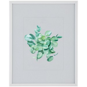 Cornice bianca con motivo eucalipto ad acquerello, decorazione murale moderna.