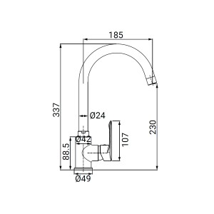 Disegno tecnico: miscelatore monocomando t.b.t. con dimensioni.