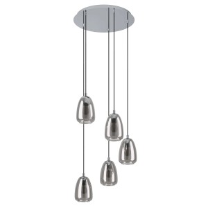 Lampada a sospensione moderna con cinque paralumi in vetro grigio, ideale come illuminazione elegante.