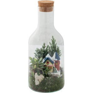 Composizione di piante decorative in vetro con case e alberi in miniatura.