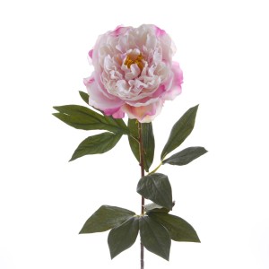 Fiore artificiale decorativo: Peonia rosa con foglie verdi.
