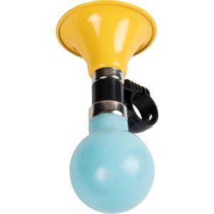 Clacson bici con imbuto giallo e sfera azzurra per montaggio manubrio.
