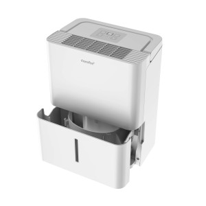 Deumidificatore bianco con serbatoio dell'acqua estratto.