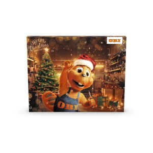 Calendario dell'Avvento OBI con attrezzi, scena di officina e castoro OBI con cappello da Babbo Natale.