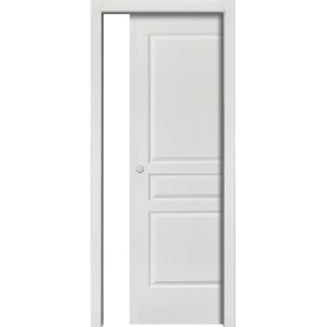 Porta interna bianca con tre pannelli e design semplice.