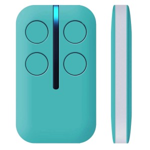 Telecomando t.b.t. turchese per automazione porte garage con quattro pulsanti.