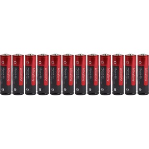 Dodici batterie alcaline AA rosse per dispositivi come telecomandi e torce.
