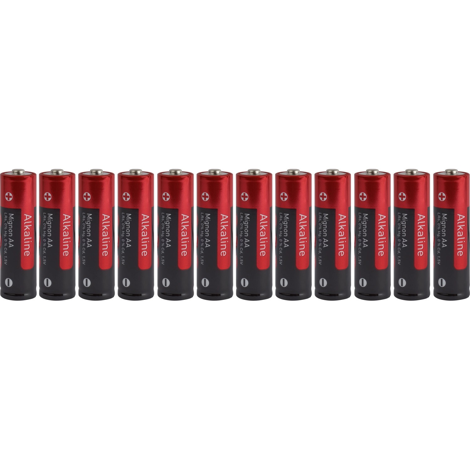 Dodici batterie alcaline AA rosse per dispositivi come telecomandi e torce.