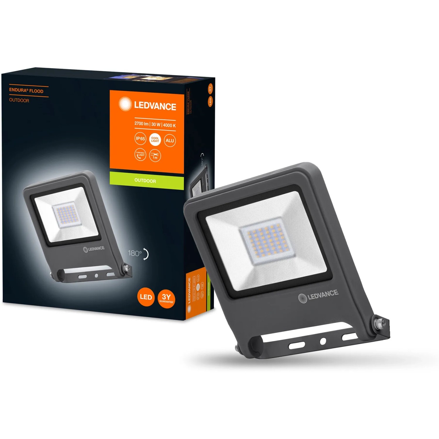 Faro LED da esterno Ledvance Endura Flood, 30W, grigio scuro, con confezione.