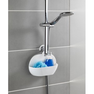 Wenko Portaoggetti doccia Cocktail Bianco, appeso alla barra doccia con bagnoschiuma e spugna.
